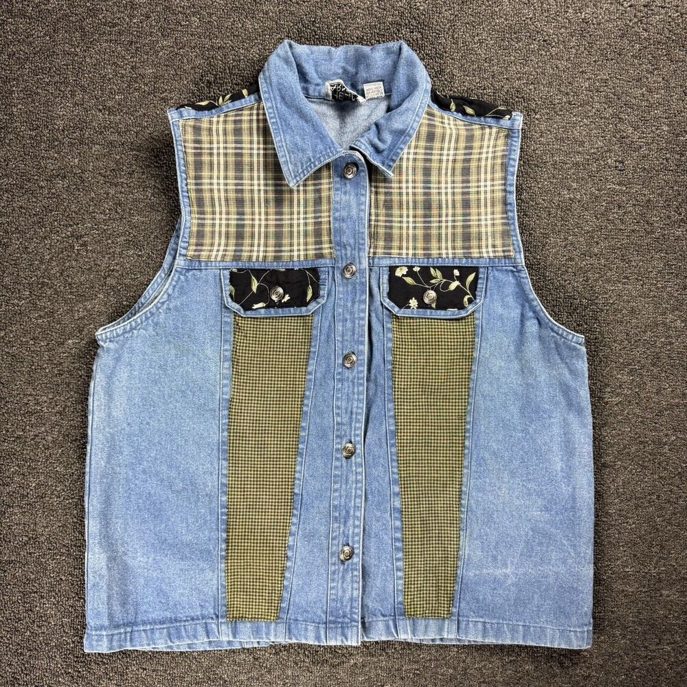 VTG 90's Shelly and Arnold Womens Sz L Plaid Patchwork Denim Vest Western Boho